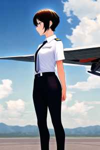 girl, very short hair, pilot uniform, white shirt, short sleeves, necktie, long black pants, standing, aircraft, full view s-1071485931.png
